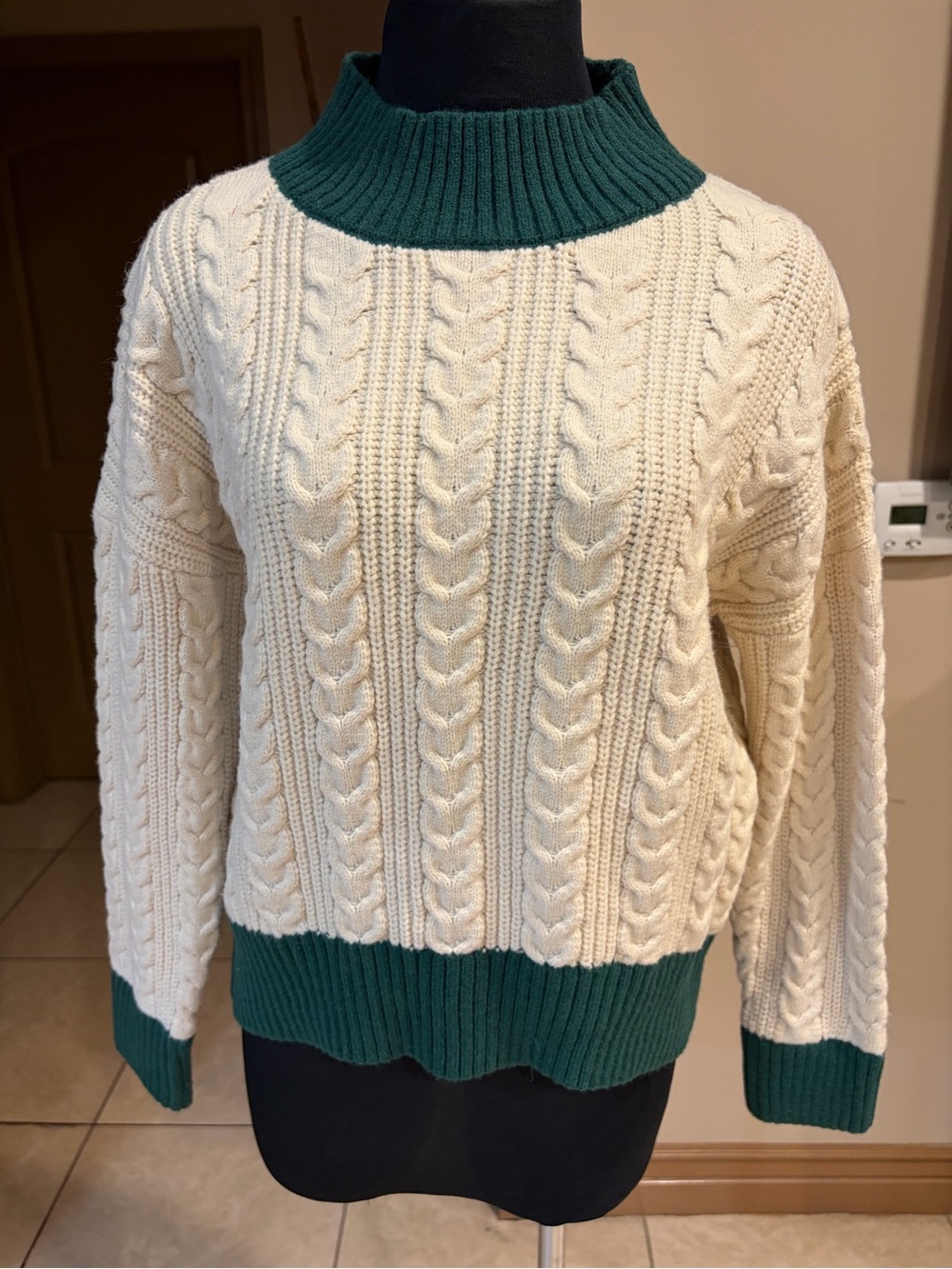 J.O.A. Cream Cable Knit Sweater with Green Trim